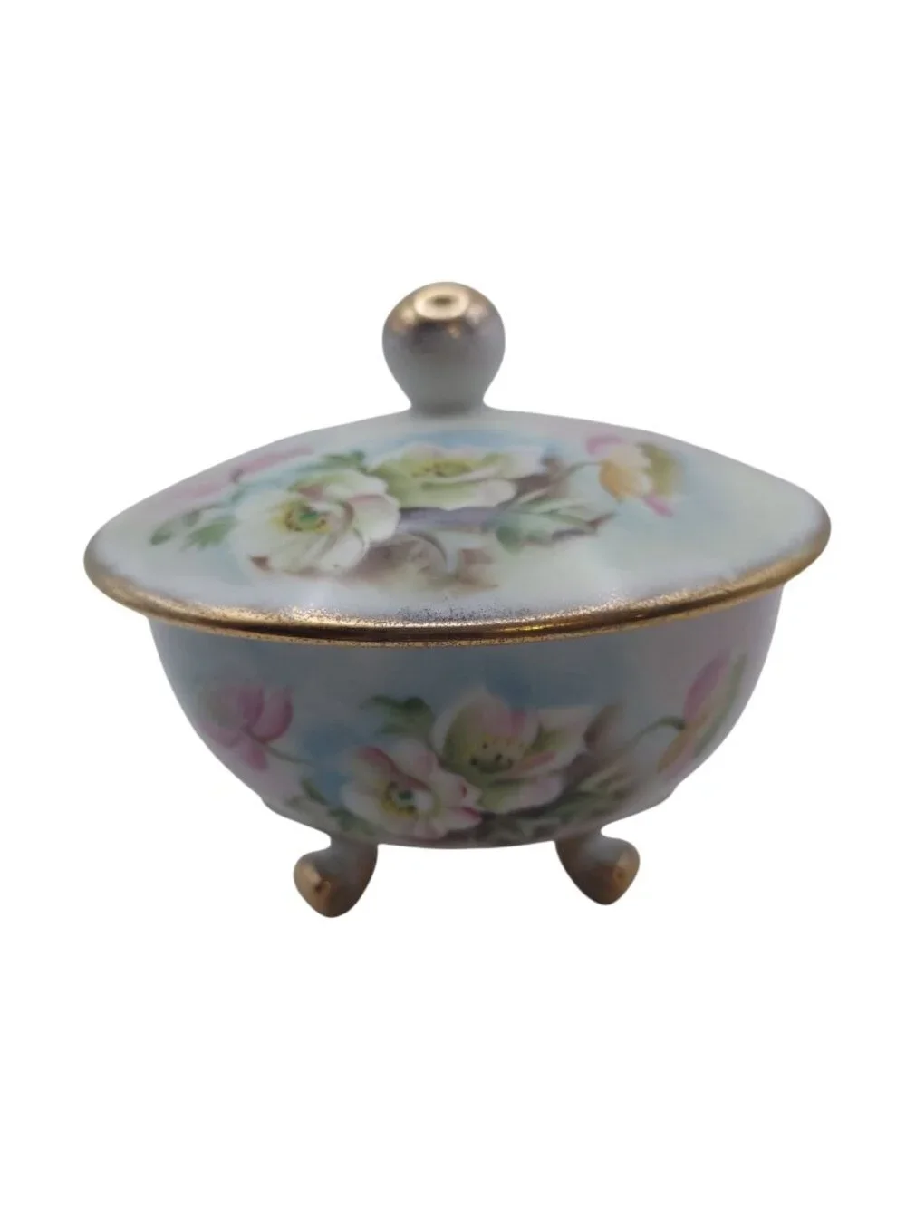 Lefton Covered Vanity Dish Footed Hand Painted Floral Porcelain Trinket Vintage